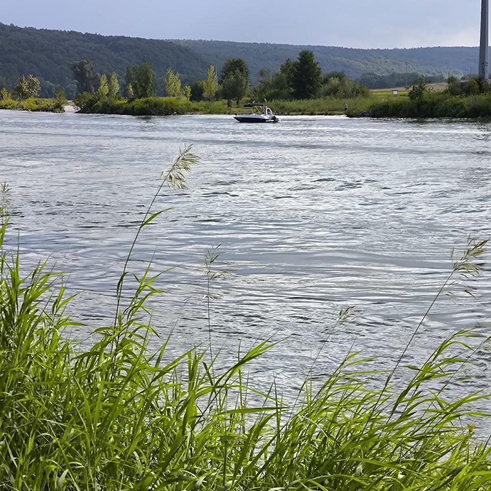 Green grass, rippling water, boat in the distance.